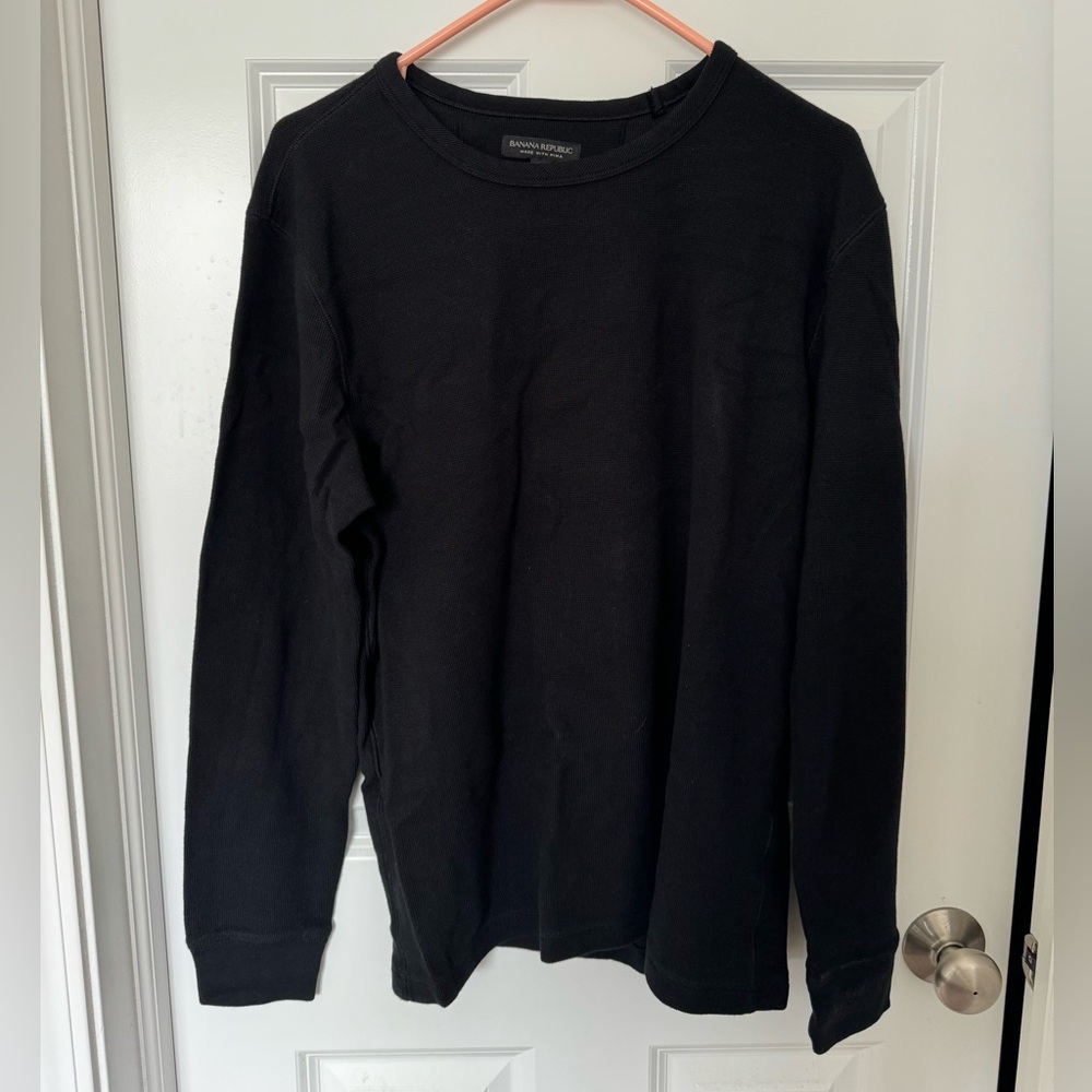 2 Banana Republic Black Pima Cotton Modal Waffle Knit Crewneck Sweaters